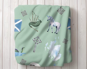 Scottish Heritage Pattern Velveteen Plush Lightweight Blanket | Tartan, Thistle, Sheep