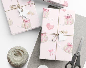 Fall Baby Shower Wrapping Paper, Pink Bow White Pumpkin Party Supplies and Decor, Cute Halloween Gift, Pretty Birthday Packaging for Girls