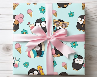 Papel de regalo con forma de pingüino, ideal para cumpleaños, baby showers, fiestas, celebraciones, artículos y decoración para fiestas de verano.
