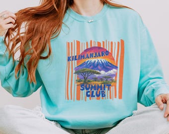 Mt. Kilimanjaro Sunset Landscape Sweatshirt | Vintage Striped Sunset Mountain Design, Summit Club Hiking Crewneck