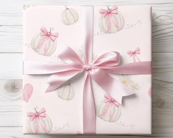 Fall Baby Shower Wrapping Paper, Pink Bow White Pumpkin Party Supplies and Decor, Cute Halloween Gift, Pretty Birthday Packaging for Girls