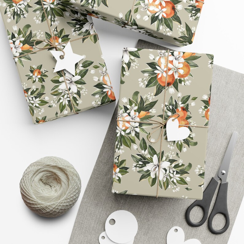 Orange Blossom Fruit Wrapping Paper Roll and Sheet, Florida Floral Party Supplies and Decor Citrus Gift Wrap, Little Cutie Baby Shower Theme image 2