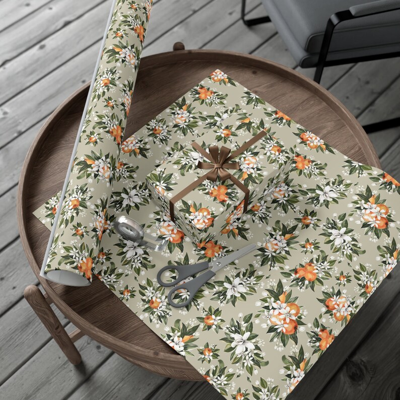 Orange Blossom Fruit Wrapping Paper Roll and Sheet, Florida Floral Party Supplies and Decor Citrus Gift Wrap, Little Cutie Baby Shower Theme image 3