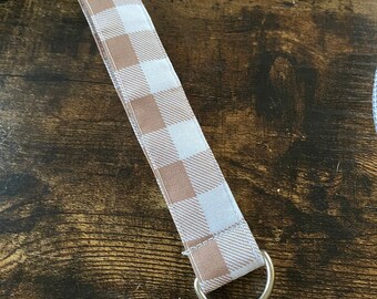 Beige and White Gingham Wristlet Keychain