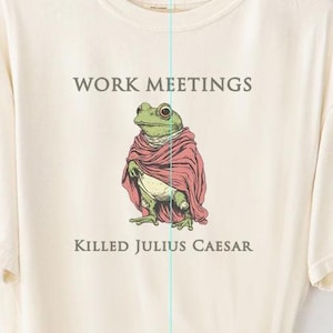 May include: A beige t-shirt with a graphic of a frog wearing a red robe and the text "Work Meetings Killed Julius Caesar". The text "An original design by FairlyStupidShirts" is printed on the bottom of the shirt.