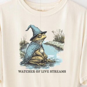 May include: A beige t-shirt with a graphic of a frog wearing a wizard hat and a blue cape. The frog is sitting by a stream and the text "Watcher of Live Streams" is printed below the image. The text "An original design by FairlyStupidShirts" is printed at the bottom of the shirt.