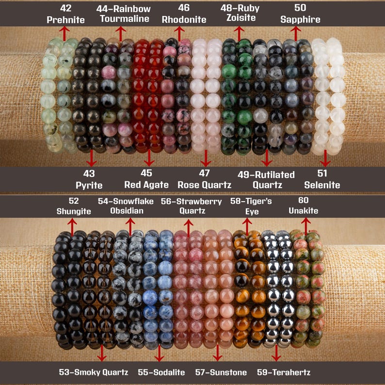 May include: A collection of 10 gemstone bracelets, each with a different type of stone. The bracelets are arranged in two rows, with the top row showing bracelets made of prehnite, tourmaline, rhodonite, zoisite, and sapphire. The bottom row shows bracelets made of pyrite, red agate, rose quartz, rutilated quartz, selenite, shungite, obsidian, strawberry quartz, tiger's eye, unakite, smoky quartz, sodalite, sunstone, and terahertz.