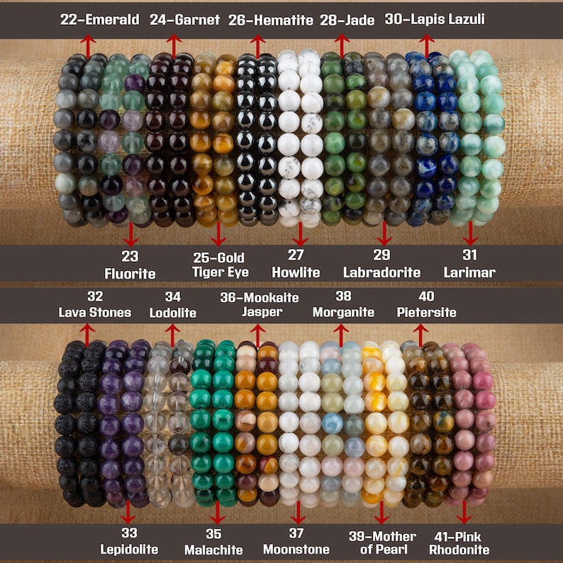 May include: A variety of gemstone bracelets, including emerald, garnet, hematite, jade, lapis lazuli, fluorite, tiger eye, howlite, labradorite, larimar, lava stones, lodolite, mookaite jasper, morganite, pietersite, lepidolite, malachite, moonstone, mother of pearl, and pink rhodonite.