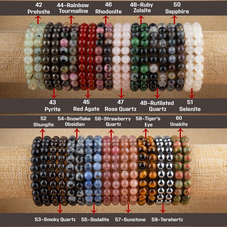 Puede incluir: Una colecci&oacute;n de 10 pulseras de piedras preciosas, cada una con un tipo de piedra diferente. Las pulseras est&aacute;n dispuestas en dos filas, la fila superior muestra pulseras hechas de prehnita, turmalina, rodonita, zoisita y zafiro. La fila inferior muestra pulseras hechas de pirita, &aacute;gata roja, cuarzo rosa, cuarzo rutilado, selenita, shungita, obsidiana, cuarzo fresa, ojo de tigre, unakita, cuarzo ahumado, sodalita, piedra de sol y terahertz.