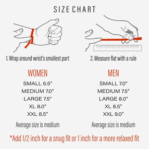 May include: Size chart with instructions for measuring wrist size for bracelets. Includes illustrations and measurements in inches for women and men, ranging from small to XXL. The average size is medium.