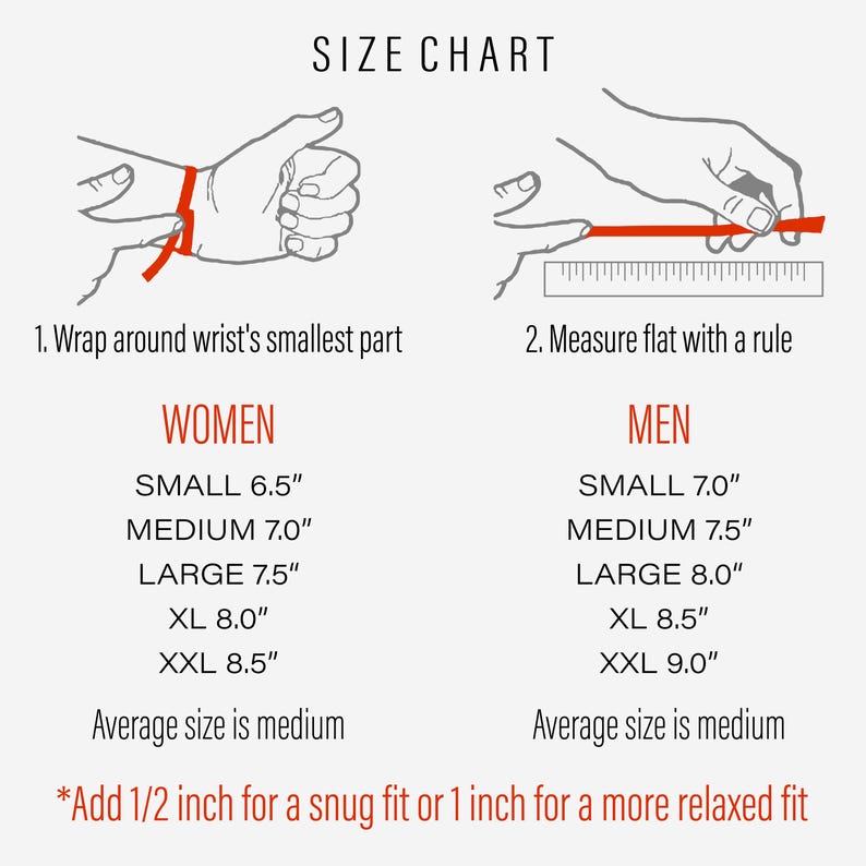 May include: Size chart with instructions for measuring wrist size for bracelets. Includes illustrations and measurements in inches for women and men, ranging from small to XXL. The average size is medium.