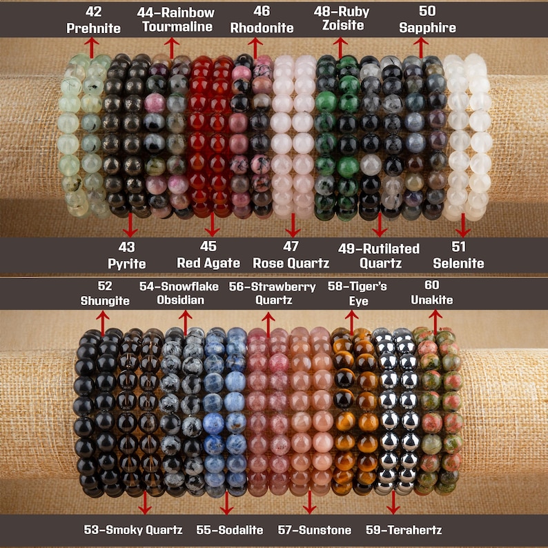 Puede incluir: Una colecci&oacute;n de 10 pulseras de piedras preciosas, cada una con un tipo de piedra diferente. Las pulseras est&aacute;n dispuestas en dos filas, la fila superior muestra pulseras hechas de prehnita, turmalina, rodonita, zoisita y zafiro. La fila inferior muestra pulseras hechas de pirita, &aacute;gata roja, cuarzo rosa, cuarzo rutilado, selenita, shungita, obsidiana, cuarzo fresa, ojo de tigre, unakita, cuarzo ahumado, sodalita, piedra de sol y terahertz.