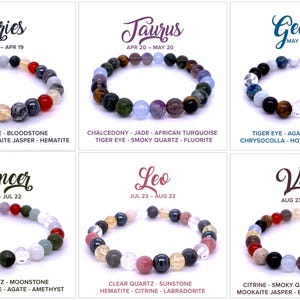 May include: A collection of beaded bracelets, each representing a different zodiac sign. The bracelets feature various gemstones and the name of the sign and dates are displayed above each bracelet.