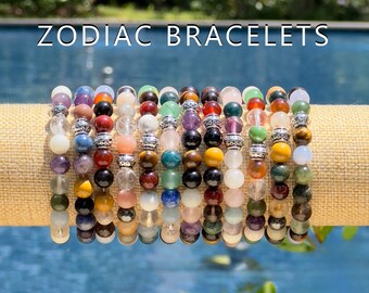 Zodiac Crystal Bracelet, Natural Gemstone Bracelet, Mala and Stretch Bracelet, Healing Crystals, Zodiac Gift for Women, Mens Bracelet