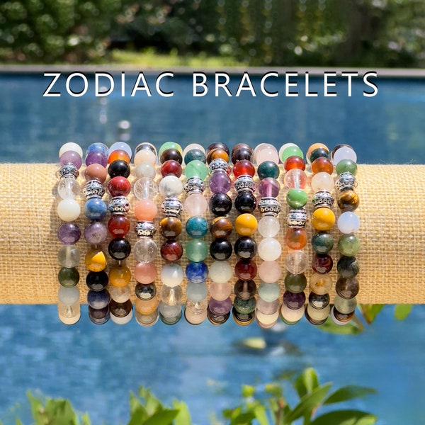 Zodiac Crystal Bracelet, Natural Gemstone Bracelet, Mala and Stretch Bracelet, Healing Crystals, Zodiac Gift for Women, Mens Bracelet