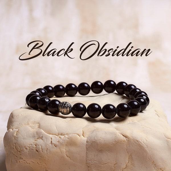 Black Obsidian Crystal Bracelet, Beaded Gemstone Bracelet, Stackable Stretch Bracelet, Crystal Bracelets for Women, Obsidian Bracelet Men