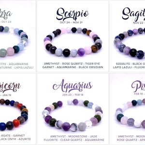 May include: Six gemstone bead bracelets, each representing a different zodiac sign: Libra, Scorpio, Sagittarius, Capricorn, Aquarius, and Pisces. Each bracelet features a unique color palette and stone combination, with the sign's name and dates displayed above.