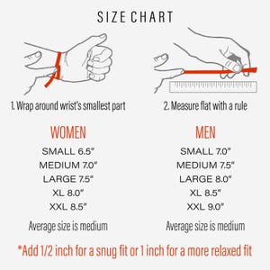 May include: A size chart for wristbands, showing how to measure your wrist for the best fit. The chart includes measurements in inches for both women and men. The text says "Add 1/2 inch for a snug fit or 1 inch for a more relaxed fit."