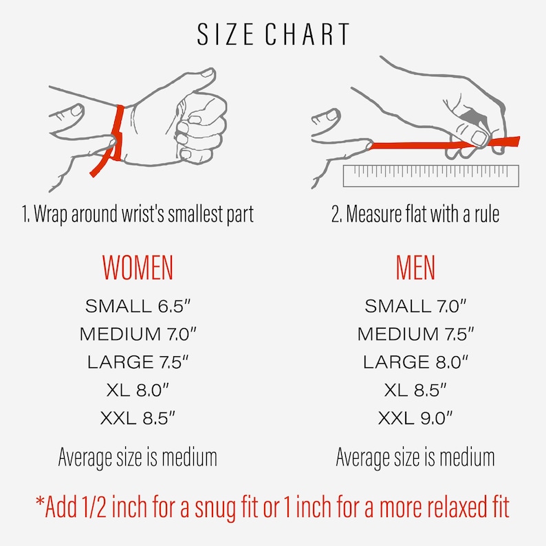 May include: A size chart for wristbands, showing how to measure your wrist for the best fit. The chart includes measurements in inches for both women and men. The text says "Add 1/2 inch for a snug fit or 1 inch for a more relaxed fit."