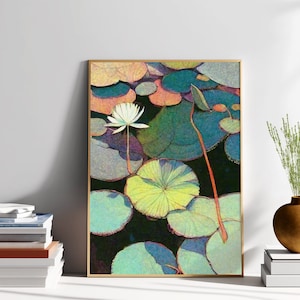 Printable Vintage Painting of Green Lily Pads - Printable Oil Painting for Nature Lovers and Home Decor