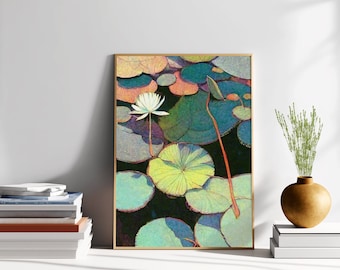 Druckbares Vintage Gemälde von grünen Seerosenblättern - Druckbares Ölgemälde für Naturliebhaber und Wohndekor