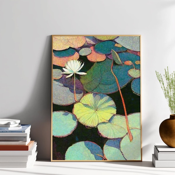 Druckbares Vintage Gemälde von grünen Seerosenblättern - Druckbares Ölgemälde für Naturliebhaber und Wohndekor