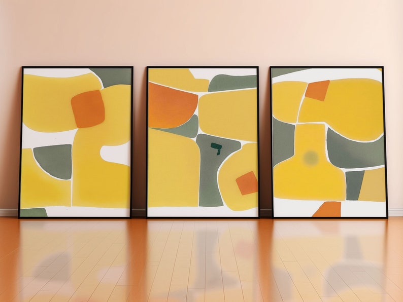 Yellow and Green Abstract Wall Art Set, Printable Set of 3 Prints