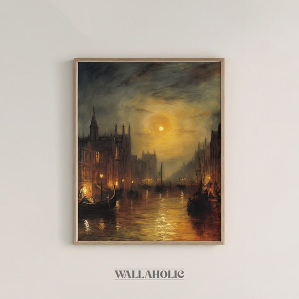 Printable Dark Academia Artwork for Home Decor - Enigmatic Moonlit Cityscape Painting