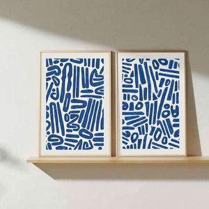 Arte de parede abstrata azul, conjunto de 2 arte de parede para impressão, arte de parede azul marinho, arte de sala de estar, arte de meados do século, arte contemporânea, arte azul Boho