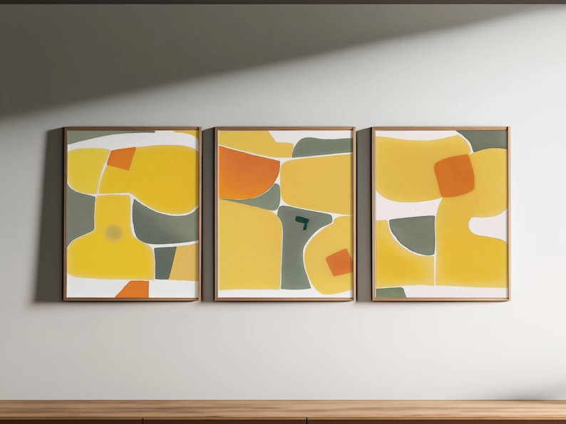Yellow and Green Abstract Wall Art Set, Printable Set of 3 Prints