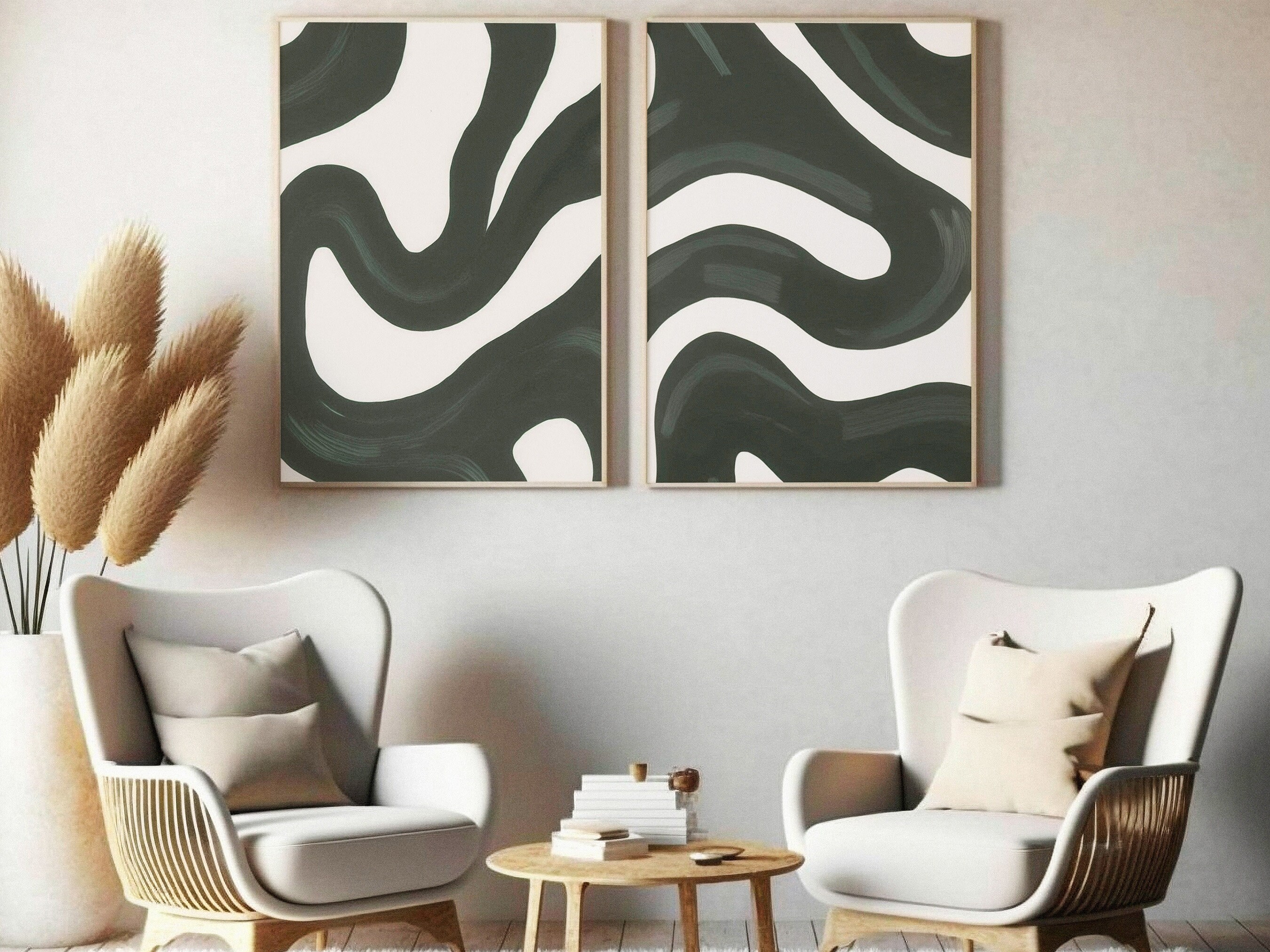 Dark Green Abstract Wall Art, Printable Wall Art Set of 2, Dark Green