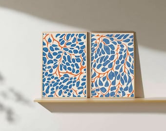 Arte de pared imprimible con estampado floral abstracto azul y rojo para decoración moderna del hogar