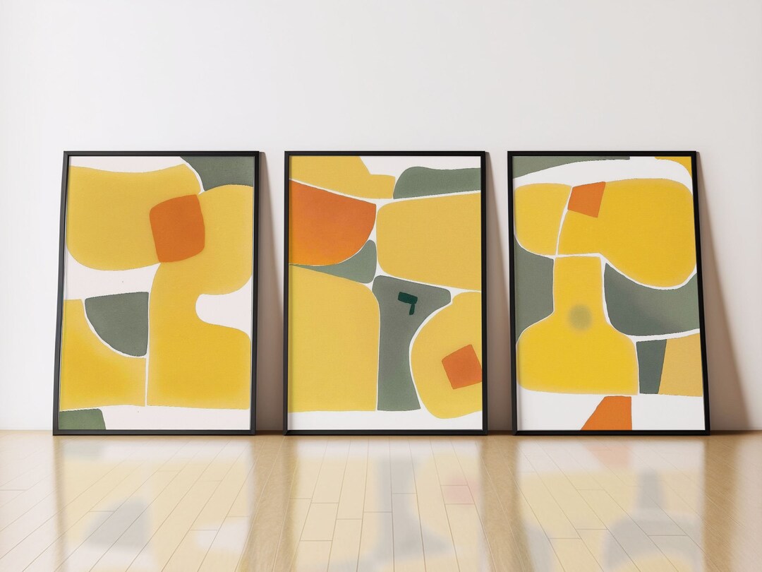 Yellow and Green Abstract Wall Art Set, Printable Set of 3 Prints