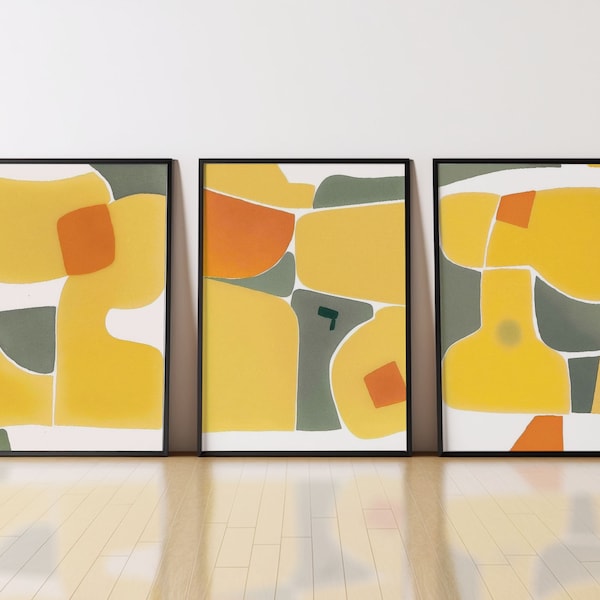 Yellow and Green Abstract Wall Art Set, Printable Set of 3 Prints, Yellow and Green Wall Art, Living Room Art, Mid Century Art