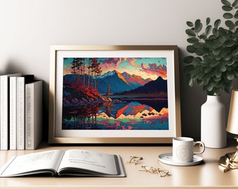 Printable Dusk Mountain Wall Art, Rocky Mountain Wall Art, Mountain Painting, Colorful Mountain Painting, Lake Wall Art, Mountain Art print