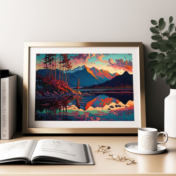 Printable Dusk Mountain Wall Art, Rocky Mountain Wall Art, Mountain Painting, Colorful Mountain Painting, Lake Wall Art, Mountain Art print