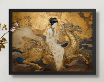 Frau Drachenreiter Oriental Kunst Druck Japanische Exquisite Wildtiere Gold Wand Dekor Anmut der Natur Gemälde Design von VanyaS DarkesstialsS