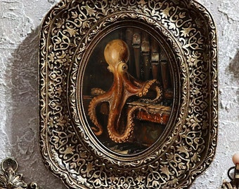 Tiny Painting Goth Octopus Playing Organ Miniature Wall Art Small Framed Canvas Ornate Original Gold Aceo Design by VanyaS DarkessentialsS