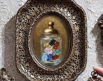 Gummy Bears Jar Painting Still Life In Ornate Frame Miniature Food Art Vintage Kitchen Decor Illustration Canvas by VanyaS DarkessentialsS
