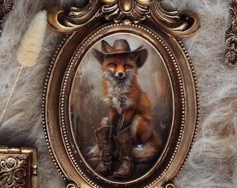 Cowboy Fox Painting Hat And Boots Western Animal Portrait In Baroque Frame Rustic Country Decor Miniature by VanyaS DarkessentialsS