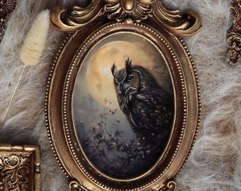Owl Painting With Full Moon Framed Miniature Wildlife Art In Vintage Style For Dark Academia Decor Cottagecore by VanyaS DarkessentialsS