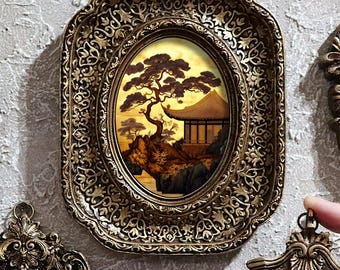 Japanese Temple Painting Landscape In Vintage Ornate Frame Asian Nature Wall Art Small Print Classic Scenic by VanyaS DarkessentialsS