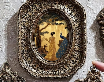 Garden of Eden Painting And Peacock In Enchanted In Vintage Style Frame Classic Wall Art Illustration Miniature by VanyaS DarkessentialsS