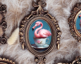 Flamingo Painting Teacup Bird Wall Art Whimsical Cottagecore Vintage Miniature Print Kitchen Decor Framed Aceo Art by VanyaS DarkessentialsS