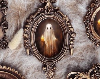 Ghost Painting In Vintage Ornate Frame Candlelit Spirit Portrait Halloween Gothic Wall Art Mini Painting Decor by VanyaS DarkessentialsS
