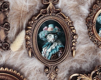 Lady Leopard Painting In Vintage Ornate Frame Victorian Animal Portrait Elegant Feline Small Painting Gothic Decor by VanyaS DarkessentialsS