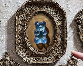 Blue Gummy Bear Painting Portrait In Ornate Vintage Frame Whimsical Small Classic Candy Illustration Miniature by VanyaS DarkessentialsS