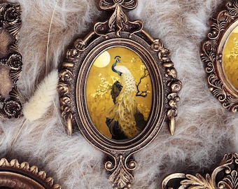 Peacock Painting In Vintage Ornate Frame Golden Bird Portrait Asian Inspired Nature Art Small Painting Decor by VanyaS DarkessentialsS