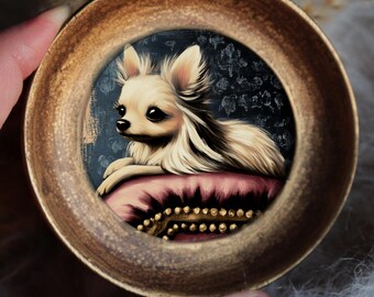 Chihuahua Painting Portrait In Black Vintage Round Frame Classic Animal Small Art Victorian Style Miniature Wall by VanyaS DarkessentialsS
