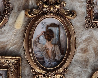 Woman Back Painting At Mirror In Ornate Frame Vintage Style Small Wall Art Romantic Classic Portrait Illustration by VanyaS DarkessentialsS